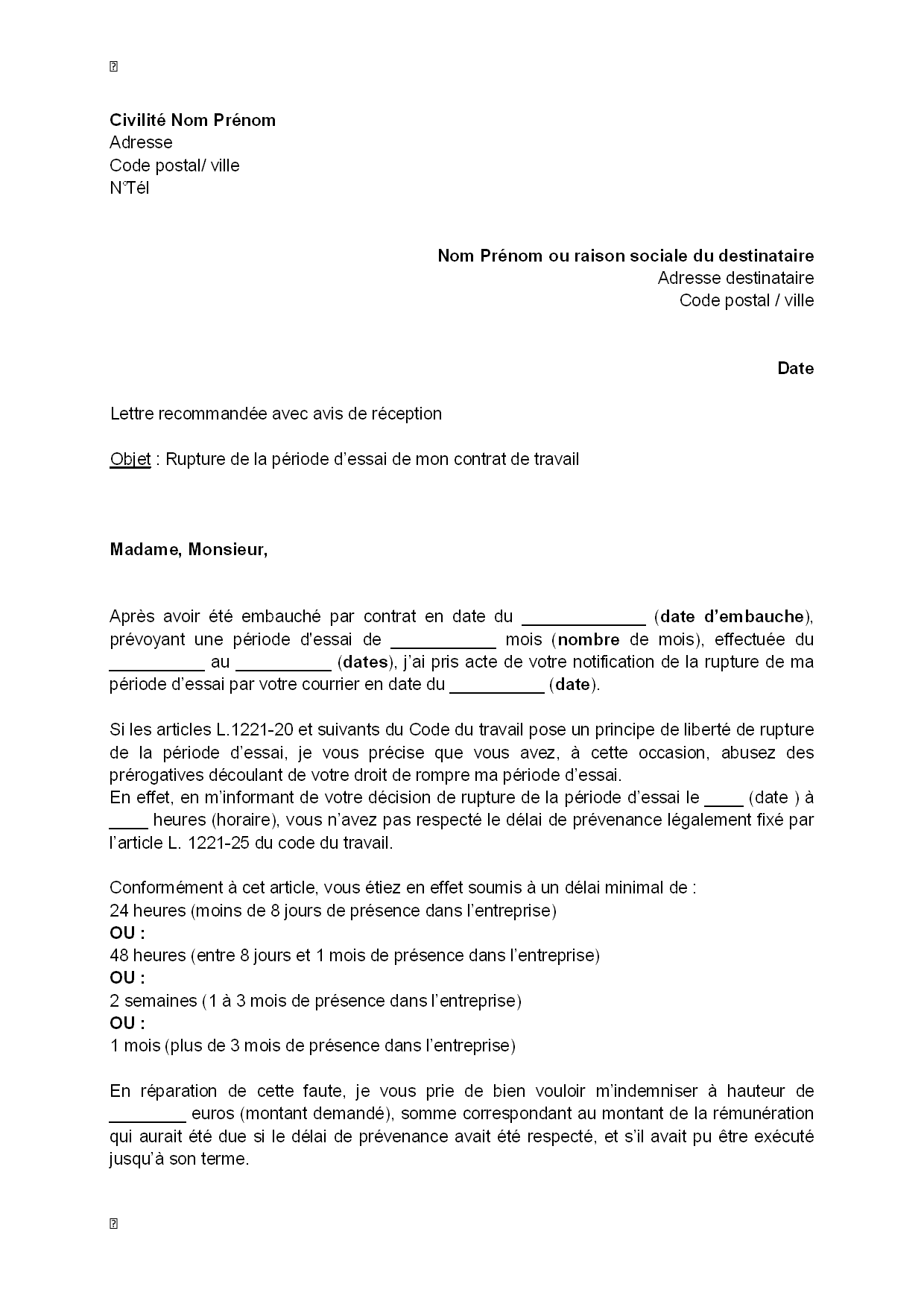 exemple de courrier rupture periode d'essai