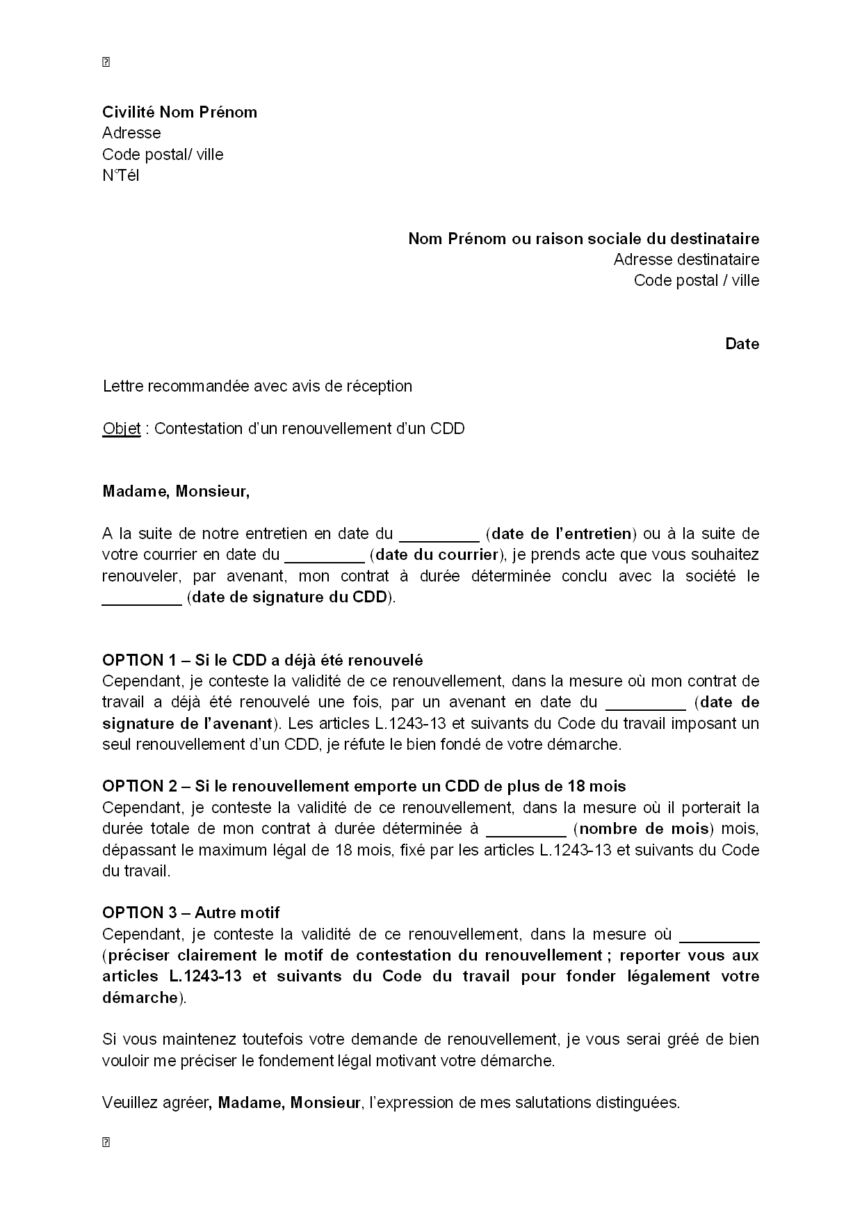 lettre de non renouvellement de contrat de travail