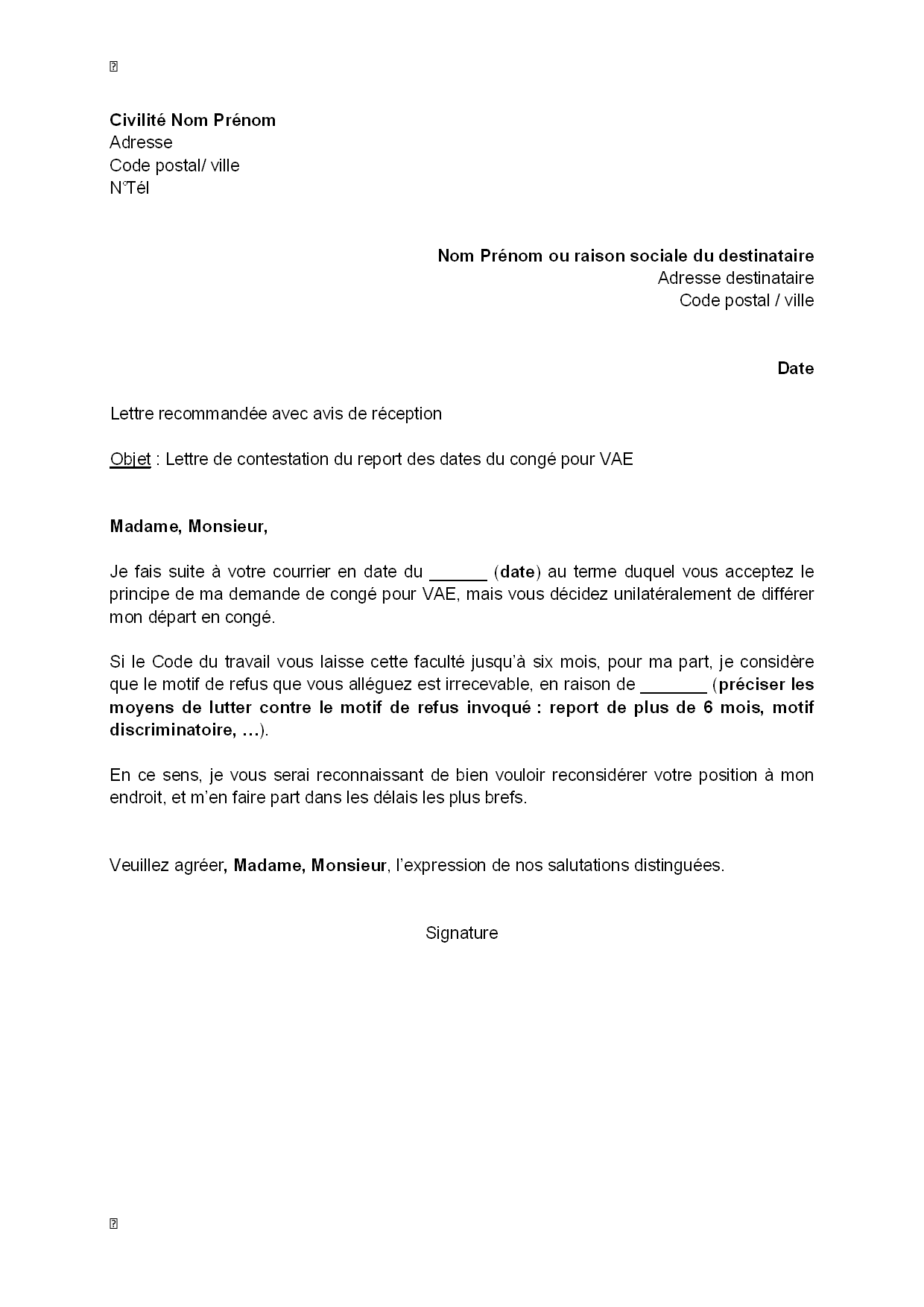 exemple de lettre vae