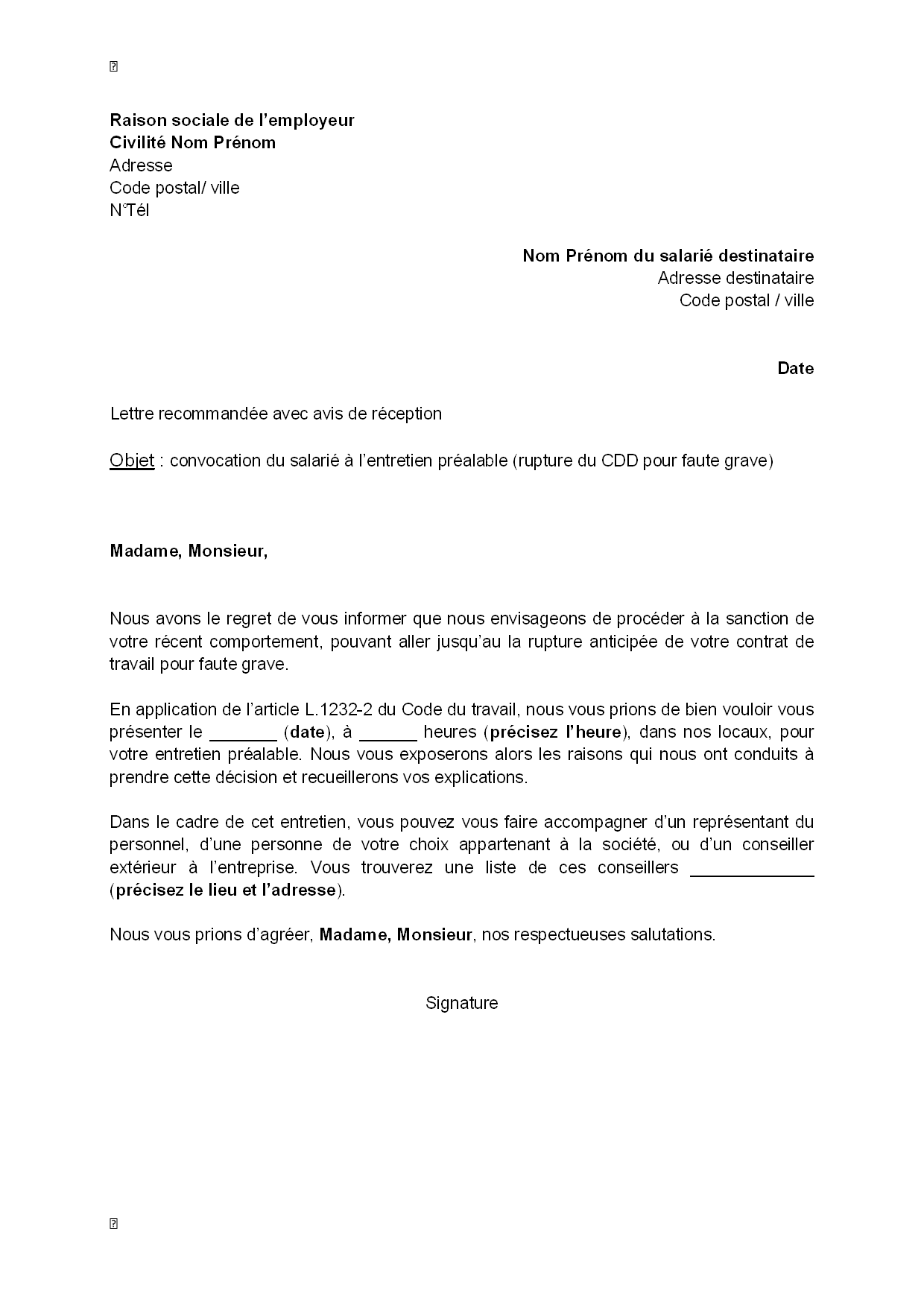 modele de courrier entretien rupture conventionnelle