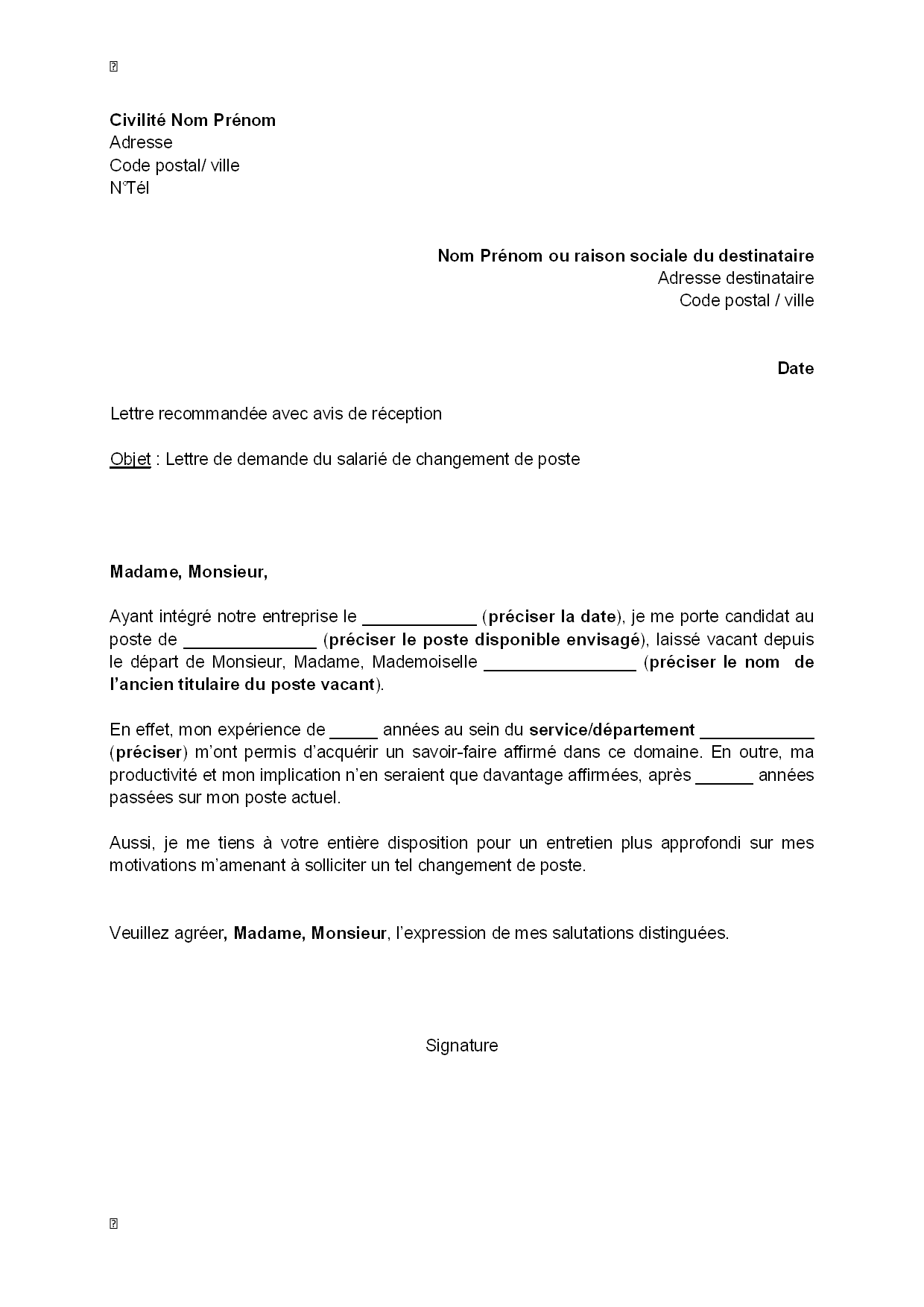 lettre de motivation pour un changement de poste