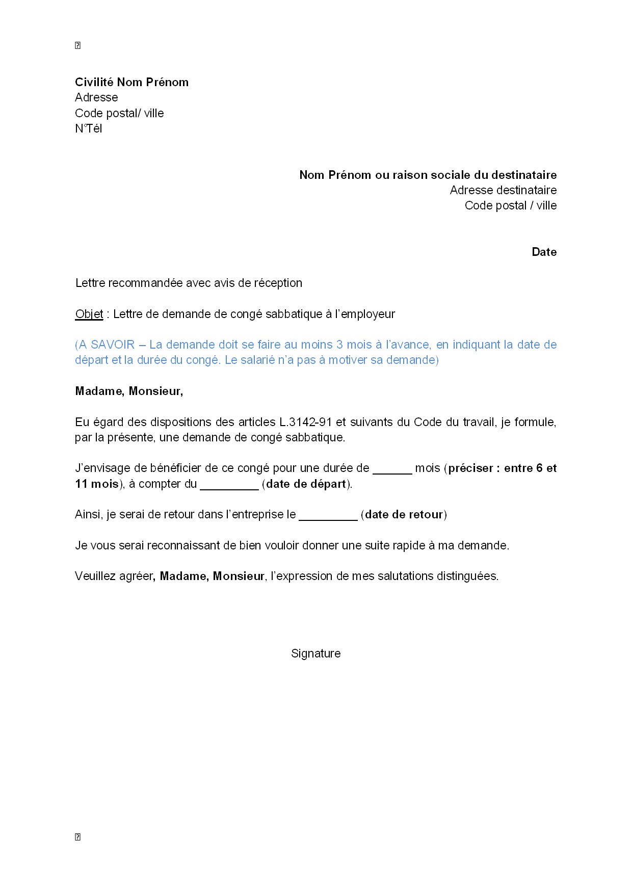 exemple de lettre 3 mois d'avis