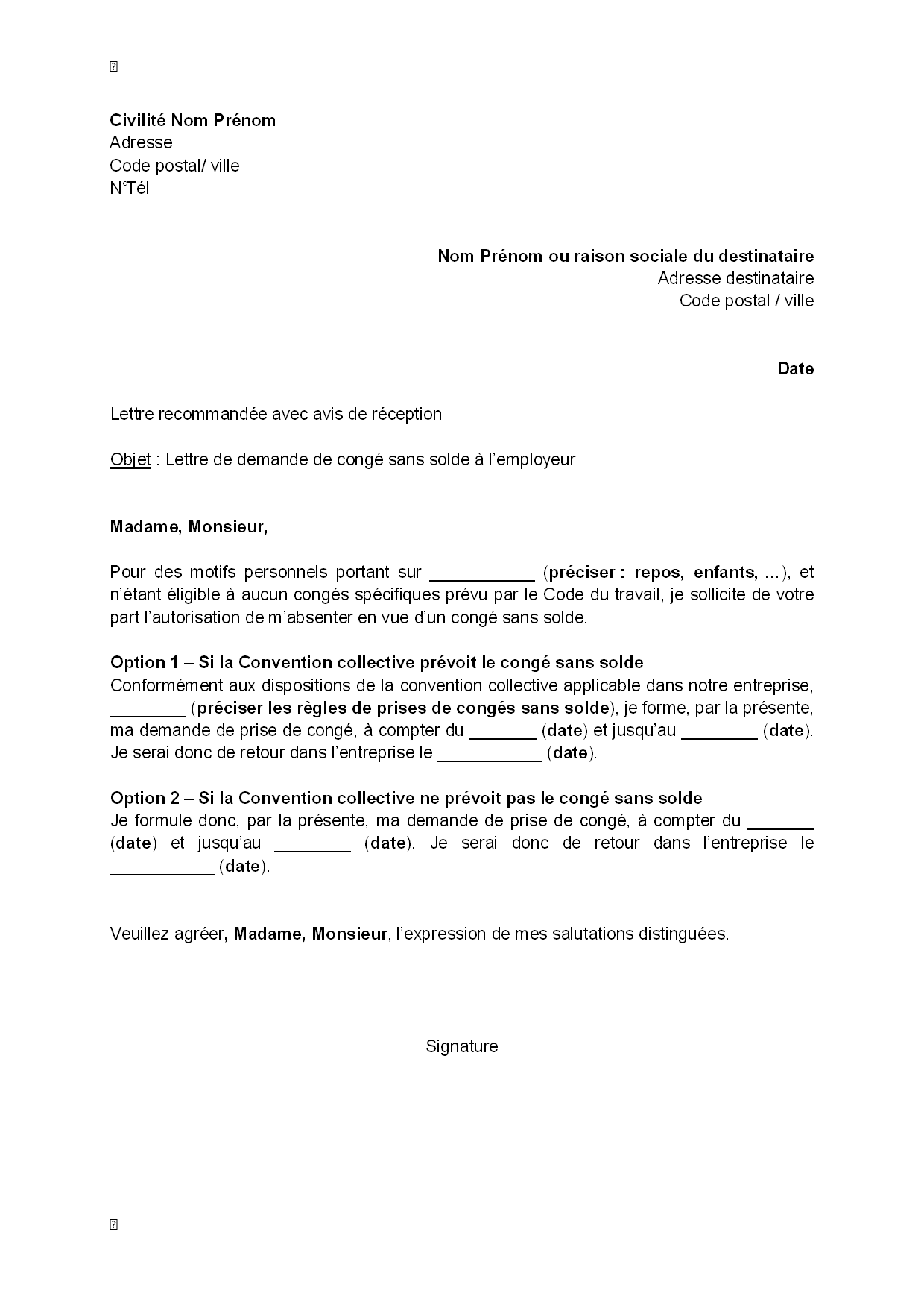 exemple lettre demande conge sans solde