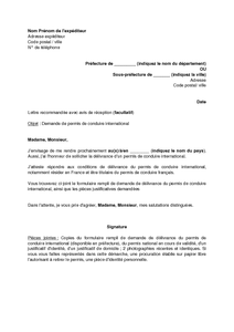 Lettre de demande de permis de conduire international 