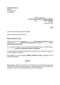 Exemple gratuit de Lettre demande report audience juge