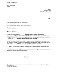 Lettre de demande de transfert de connexion internet Free 