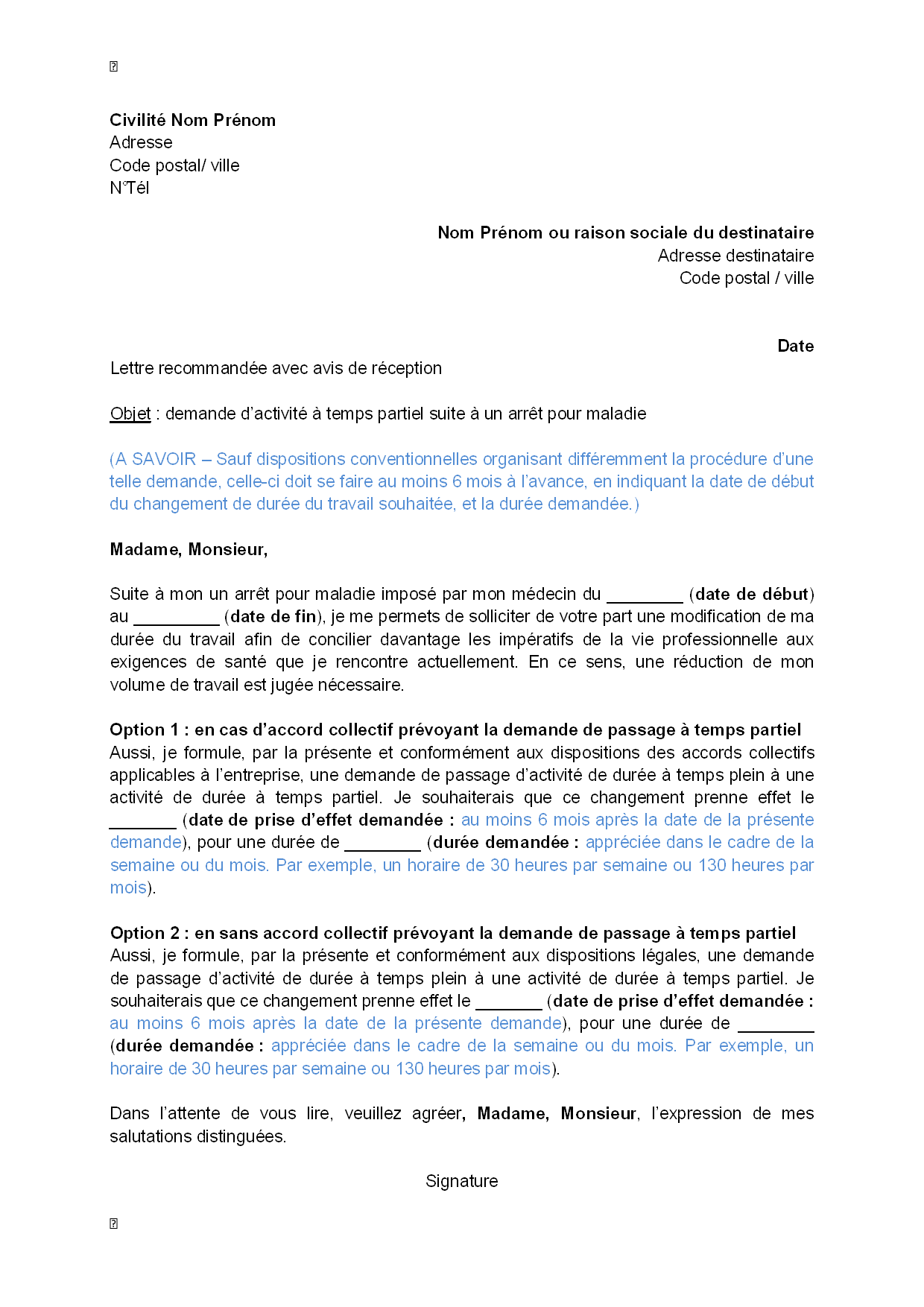 lettre demande temps partiel 80 mercredi