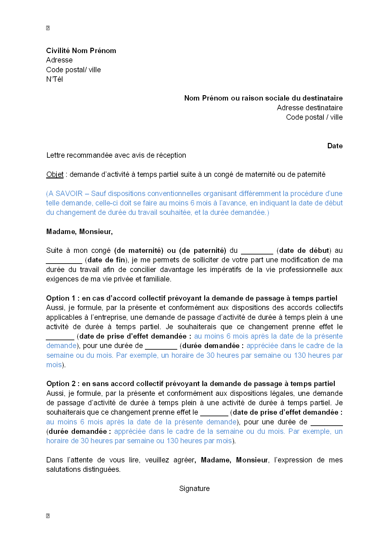 exemple de lettre type pour conge paternite