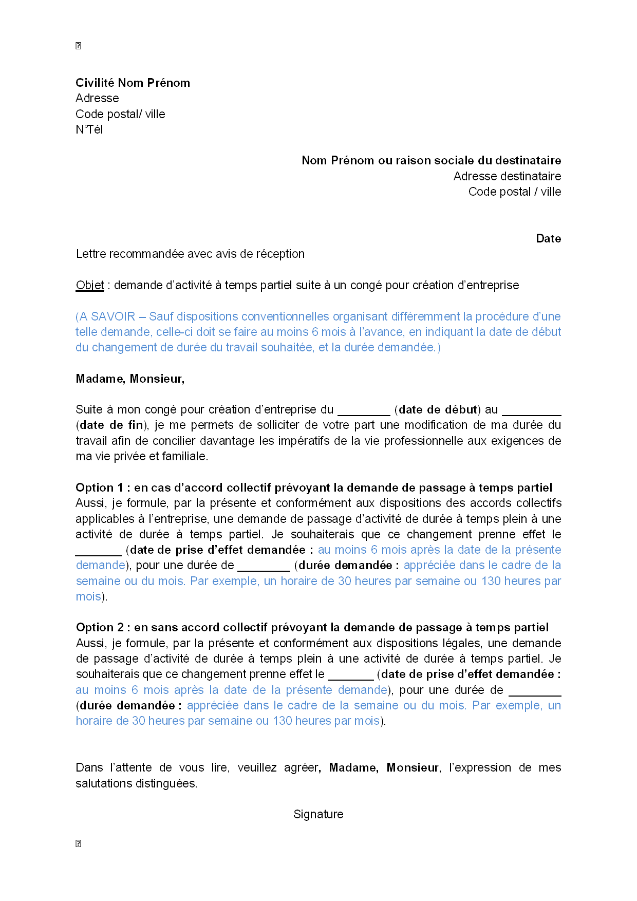 Exemple gratuit de Lettre demande, par salarié, activité à 