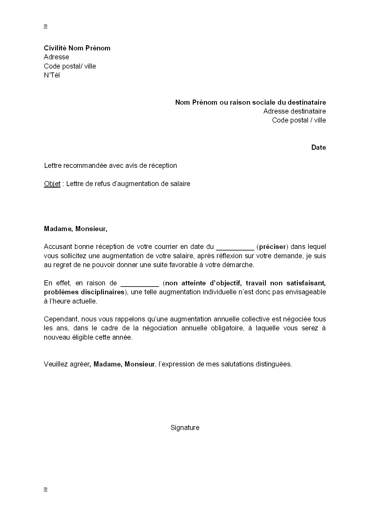 lettre type d augmentation de salaire