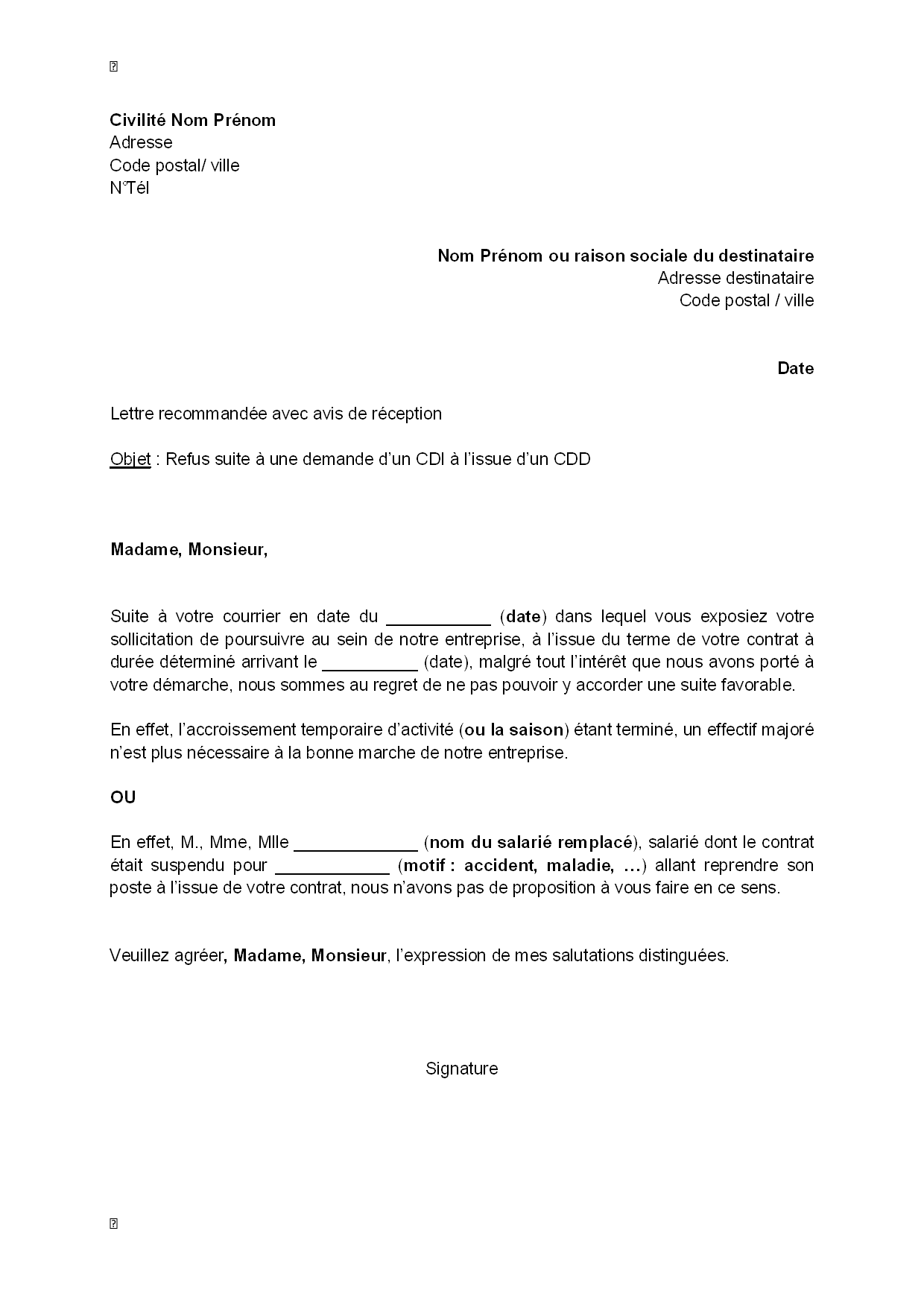 exemple de courrier refus de poste