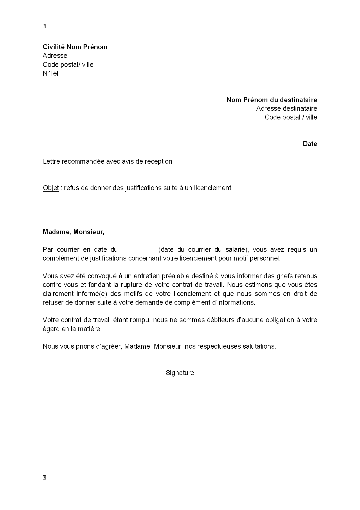 exemple lettre de licenciement nounou remise en main propre