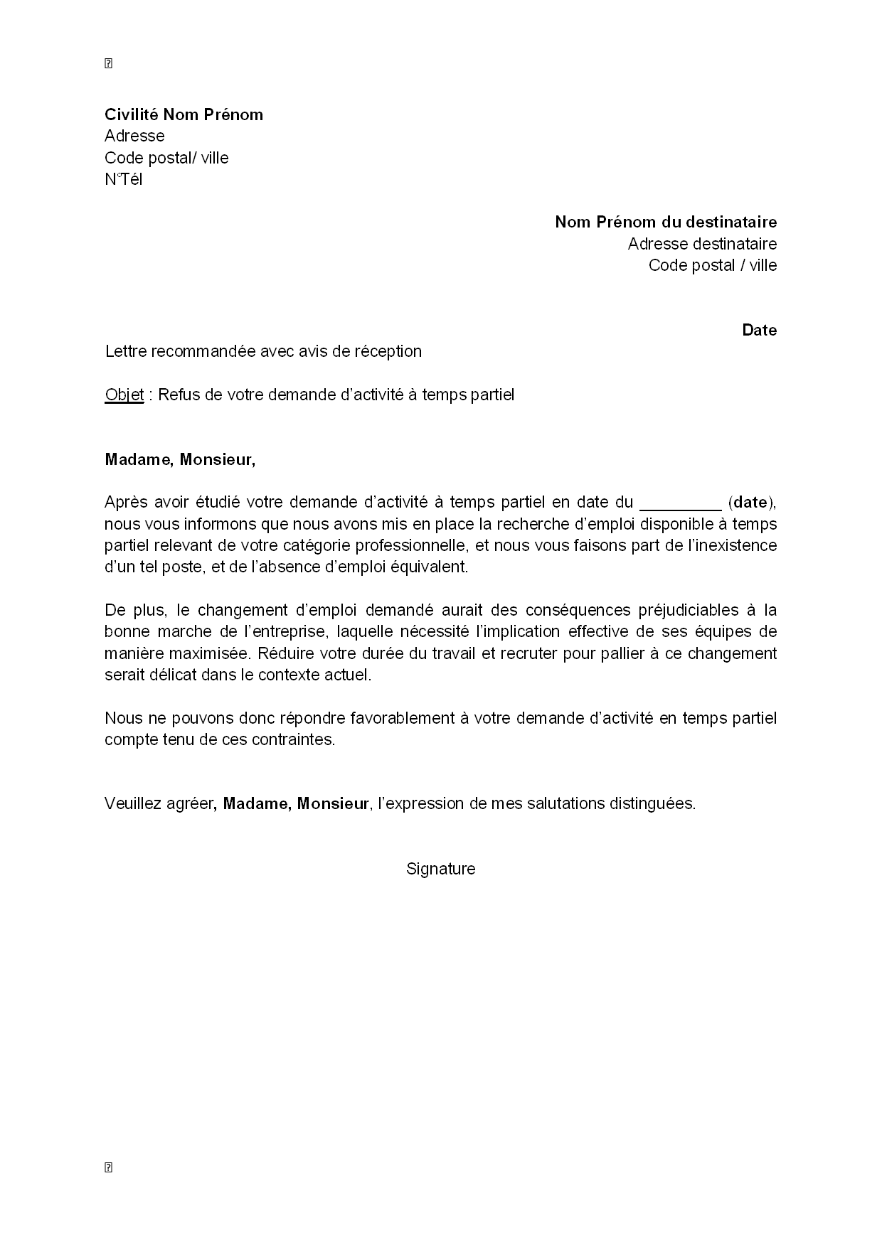 exemple de lettre temps partiel