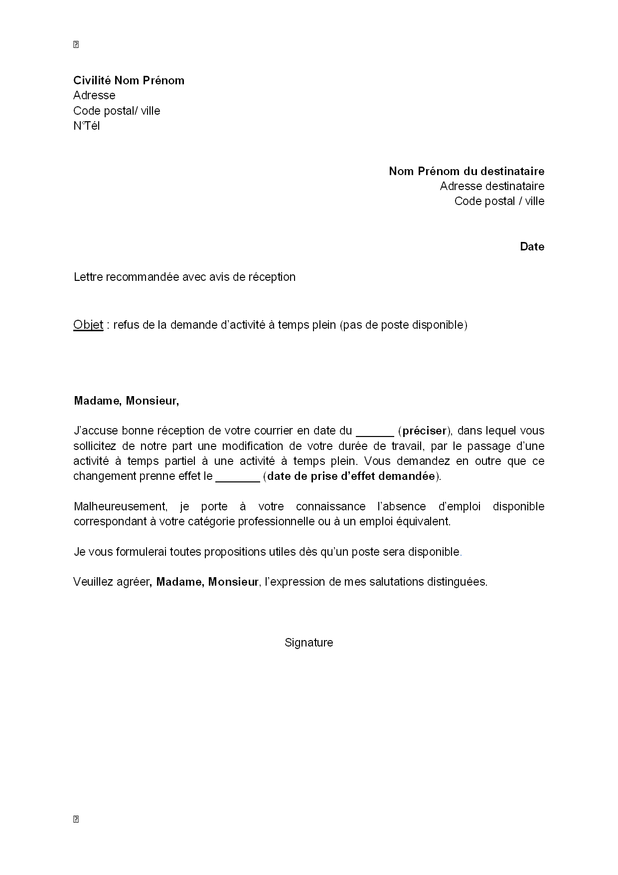 exemple de courrier changement de poste