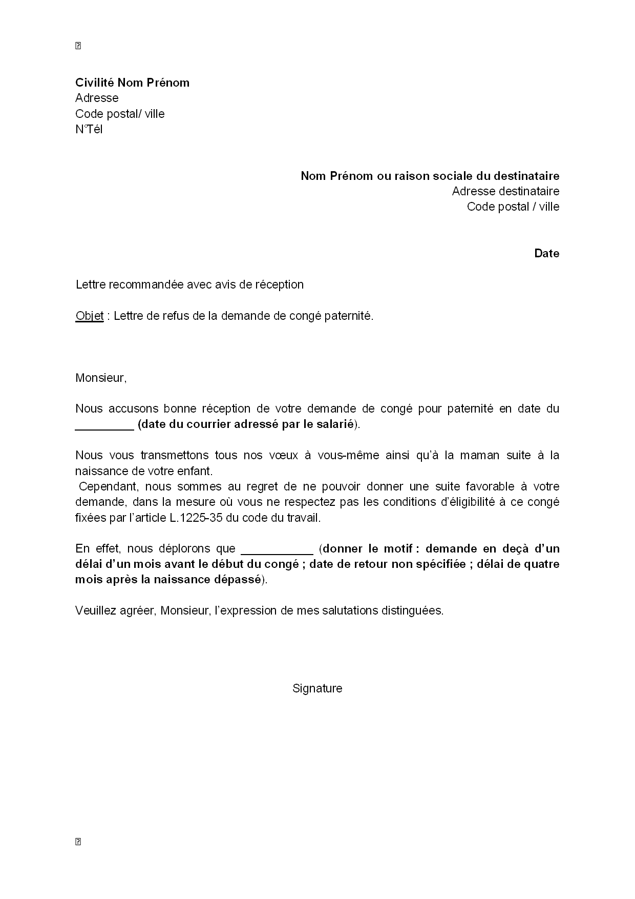 exemple de lettre pour un conge paternite