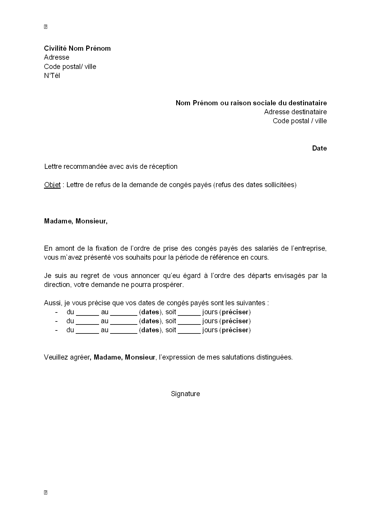 lettre type conges payes
