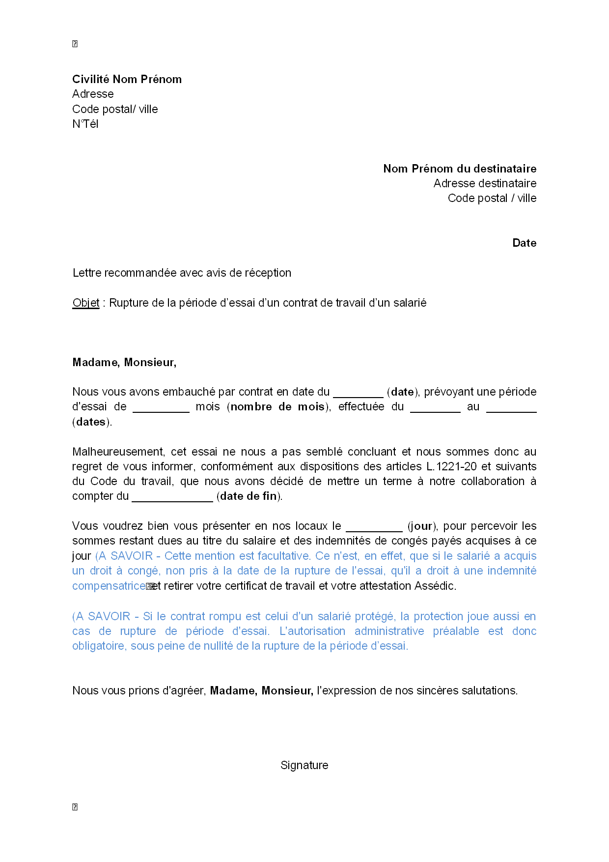 exemple de courrier rupture periode d'essai