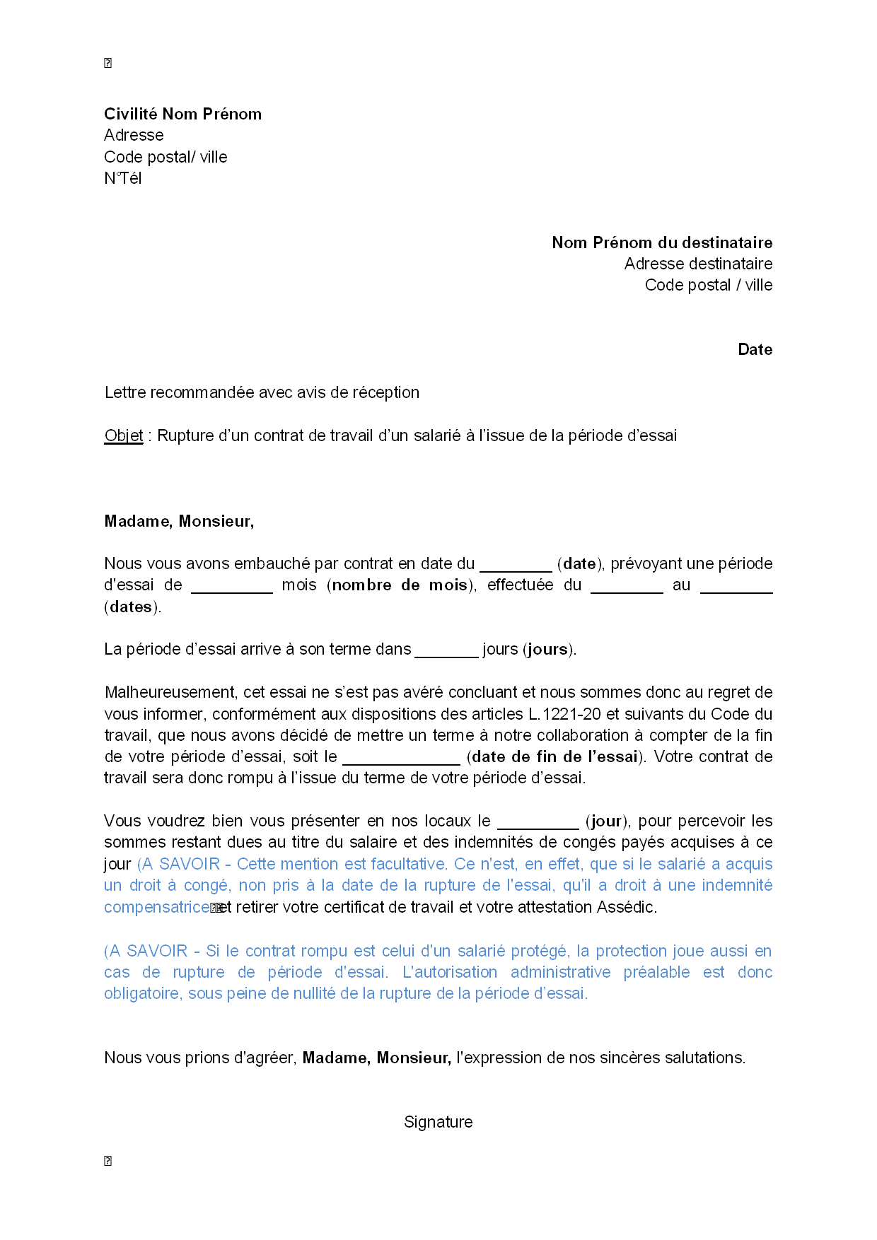 exemple de courrier rupture periode d'essai