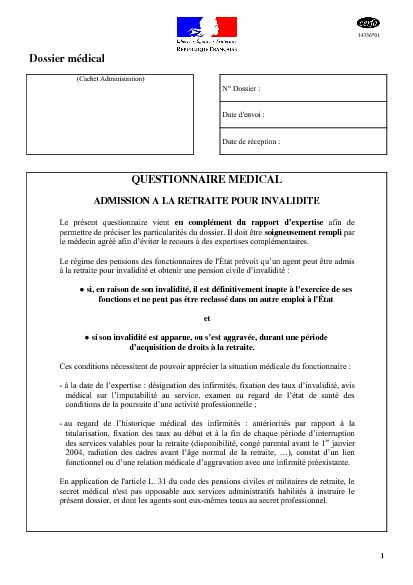Aperçu Formulaire Cerfa No 14356-01 : Admission à la retraite pour invalidité (questionnaire médical)