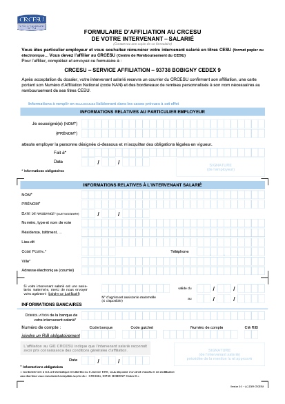 Aperçu Formulaire Cerfa No 0000-01 : Affiliation d'un salarié au centre de remboursement du CESU (CRCESU)