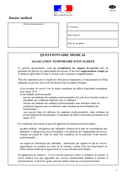 Aperçu Formulaire Cerfa No 14355-01 : Allocation temporaire d'invalidité (questionnaire médical)