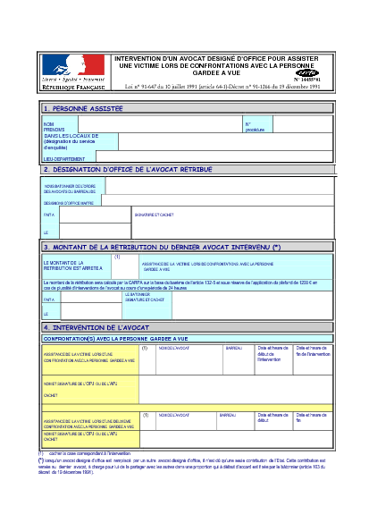 Aperçu Formulaire Cerfa No 14455-01 : Assistance d'une victime pendant la confrontation avec une personne gardée à vue