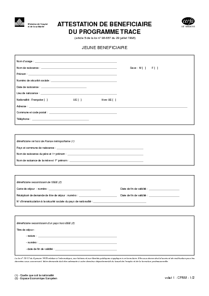 Aperçu Formulaire Cerfa No 10924-01 : Attestation de bénéficiaire du programme TRACE (Trajet d'accès à l'emploi)