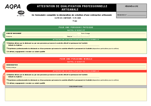 Aperçu Formulaire Cerfa No 14077-01 : Attestation de qualification professionnelle artisanale (AQPA)