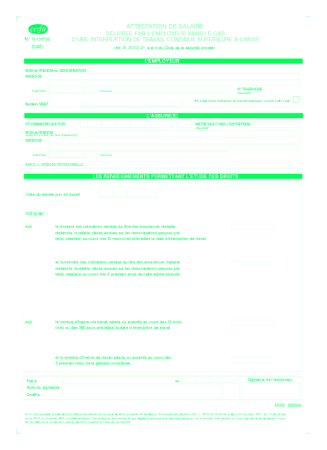 Aperçu Formulaire Cerfa No 11136-02 : Attestation de salaire délivrée par l'employeur dans le cas d'une interruption continue supérieure à 6 mois