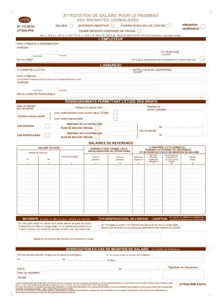 Aperçu Formulaire Cerfa No 11135-03 : Attestation de salaire pour le paiement des indemnités journalières