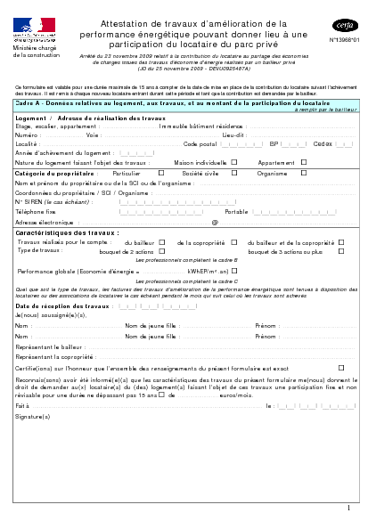 Aperçu Formulaire Cerfa No 13968-01 : Attestation de travaux d'amélioration de la performance énergétique pouvant donner lieu à une participation du locataire du parc privé