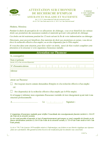 Aperçu Formulaire Cerfa No 14329-01 : Attestation sur l'honneur de recherche d'emploi (assurances maladie et maternité)