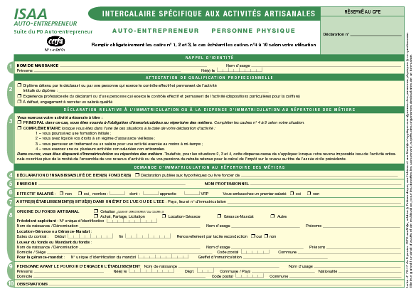 Aperçu Formulaire Cerfa No 14105-01 : Auto-entrepreneur : Intercalaire spécifique aux activités artisanales (ISAA)