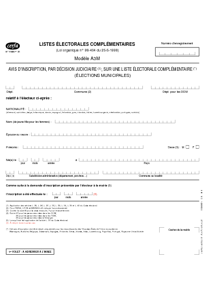 Aperçu Formulaire Cerfa No 11605-01 : Avis d'inscription par décision judiciaire sur une liste electorale complementaire (élections municipales)