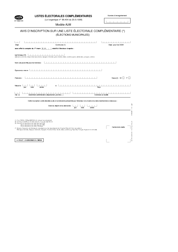 Aperçu Formulaire Cerfa No 11556-01 : Avis d'inscription sur une liste electorale complementaire (élections municipales)