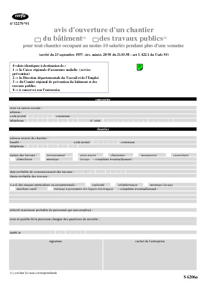 Aperçu Formulaire Cerfa No 12276-01 : Avis d'ouverture d'un chantier du bâtiment ou des travaux publics