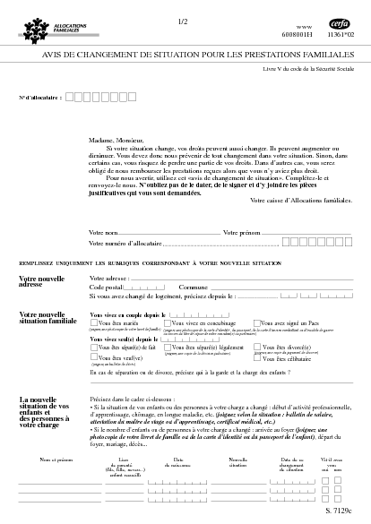 Aperçu Formulaire Cerfa No 11361-02 : Avis de changement de situation pour les prestations familiales
