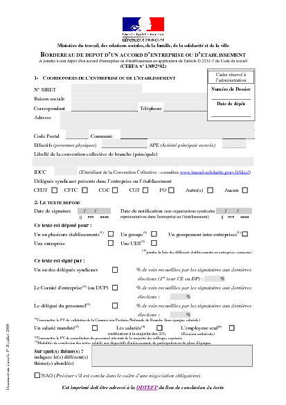 Aperçu Formulaire Cerfa No 13092-03 : Bordereau de dépôt d'un accord d'entreprise ou d'établissement