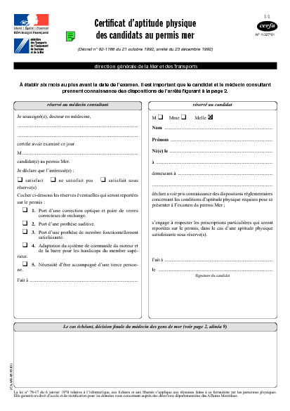 Aperçu Formulaire Cerfa No 14673-01 : Certificat d'aptitude physique des candidats au permis mer