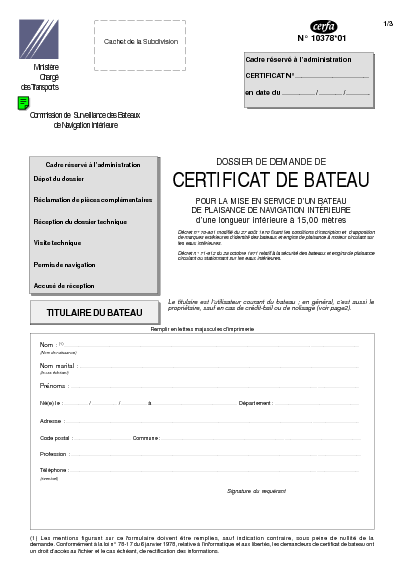 Aperçu Formulaire Cerfa No 10378-01 : Certificat de bateau