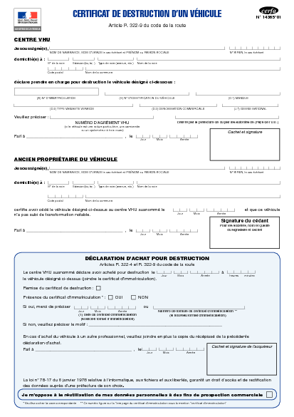 Aperçu Formulaire Cerfa No 14365-01 : Certificat de destruction d'un véhicule - Déclaration d'achat pour destruction