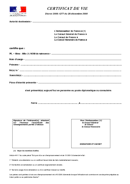 Aperçu Formulaire Cerfa No 11851-02 : Certificat de vie pour une personne domiciliée à l'étranger