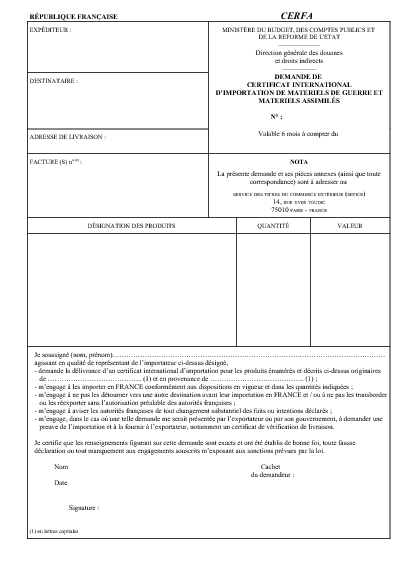 Aperçu Formulaire Cerfa No 14728-01 : Certificat international d'importation de matériels de guerre et matériels assimilés