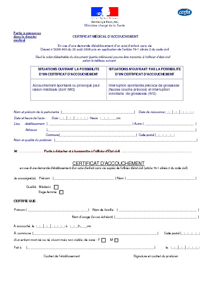 Aperçu Formulaire Cerfa No 13773-02 : Certificat médical d'accouchement en vue d'une demande d'établissement d'un acte d'enfant sans vie