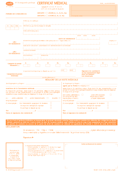 Aperçu Formulaire Cerfa No 11245-03 : Certificat médical pour permis de conduire