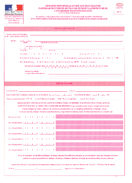 Aperçu Formulaire Cerfa No 12480-01 : Chômage partiel : demande individuelle d'aide aux travailleurs partiellement privés de travail pendant la fermeture de l'entreprise pour congés payés