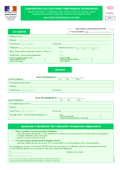 Aperçu Formulaire Cerfa No 12625-01 : Convention dallocations temporaires dégressives bulletin d'adhésion du salarié