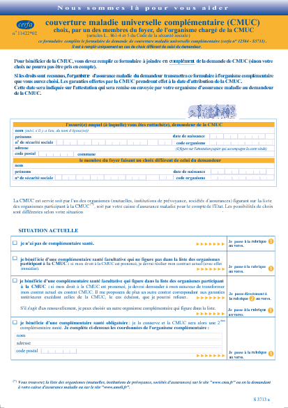 Aperçu Formulaire Cerfa No 11422-02 : Couverture maladie universelle - protection complémentaire : choix par l'un des membres du foyer, de l'organisme chargé de la protection complémentaire en matière de santé