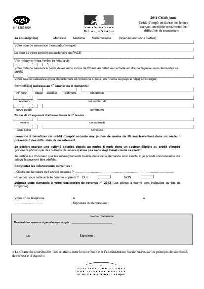 Aperçu Formulaire Cerfa No 12634-04 : Crédit d'impôt en faveur des jeunes exerçant un métier rencontrant des difficultés de recrutement