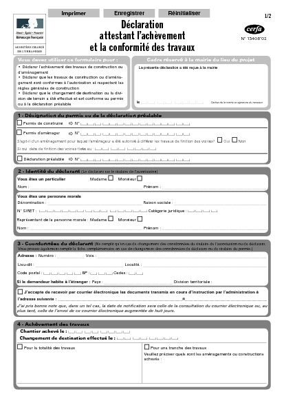 Aperçu Formulaire Cerfa No 13408-02 : Déclaration attestant l'achèvement et la conformité des travaux